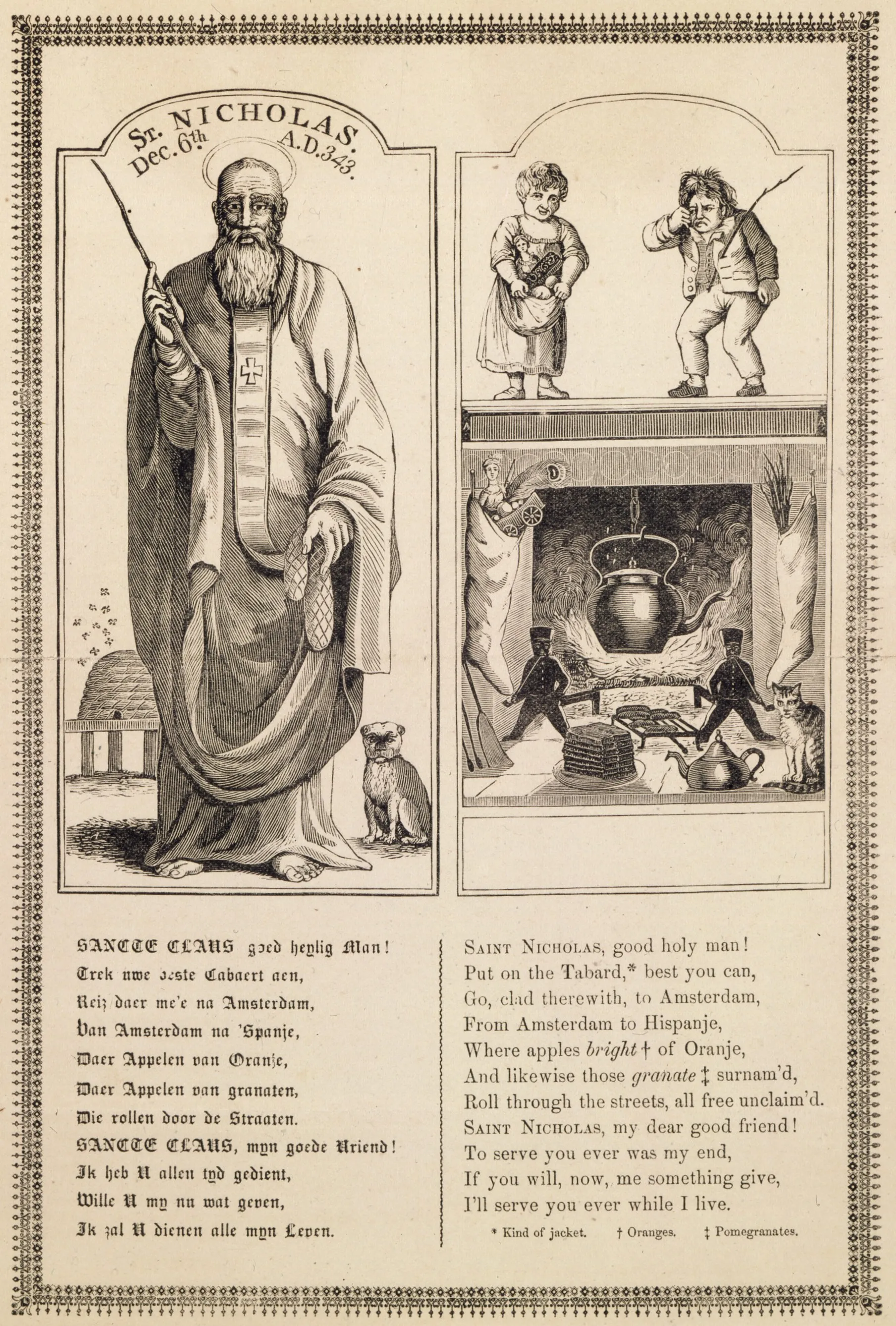 An 1810 woodcut broadside: St. Nicholas as a bearded bishop holding a birch rod and a purse, beside a fireplace where one stocking is full of toys and the other holds a rod, with a Dutch verse and its English translation below