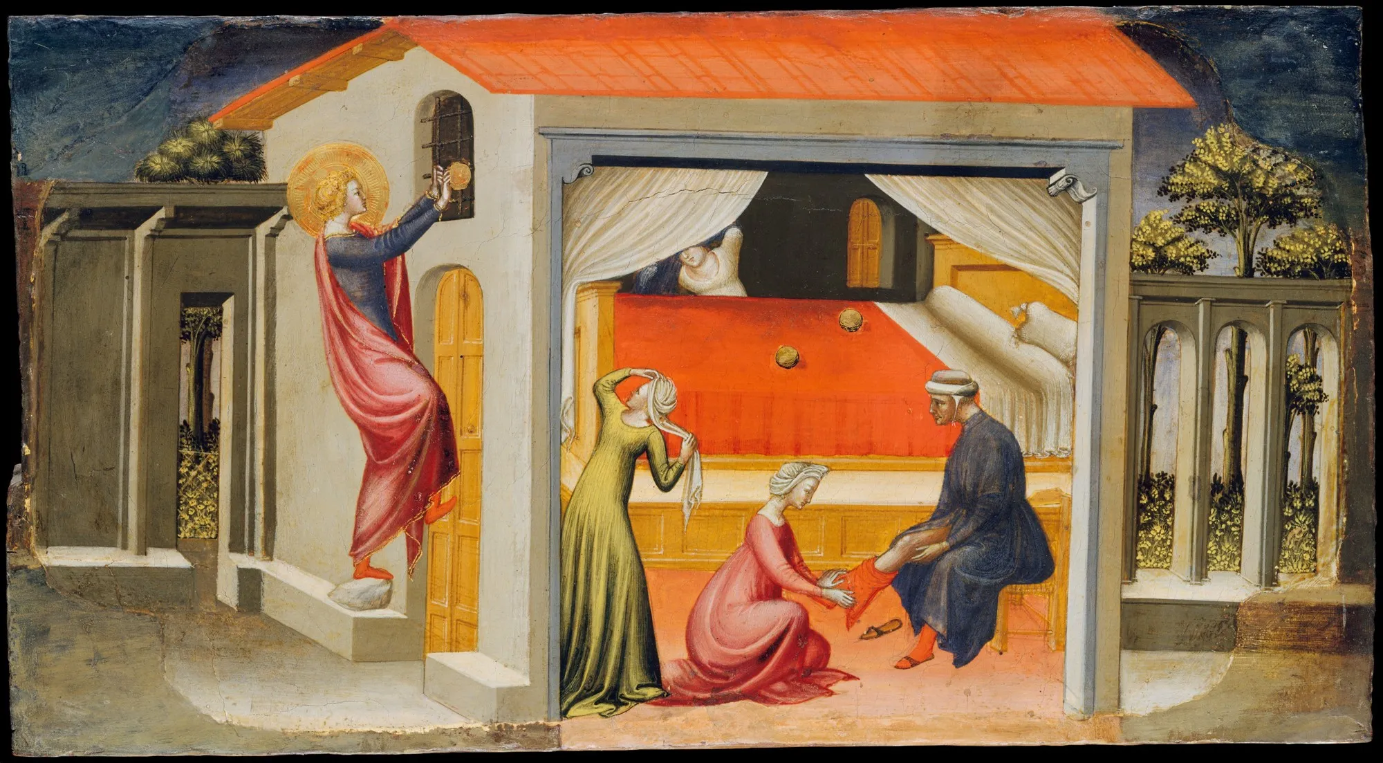 A painted panel: a haloed Nicholas in a red cloak stands on a step outside a house and tosses a gold ball through a small window, while inside more gold lands on a bed beside a seated father and his daughters