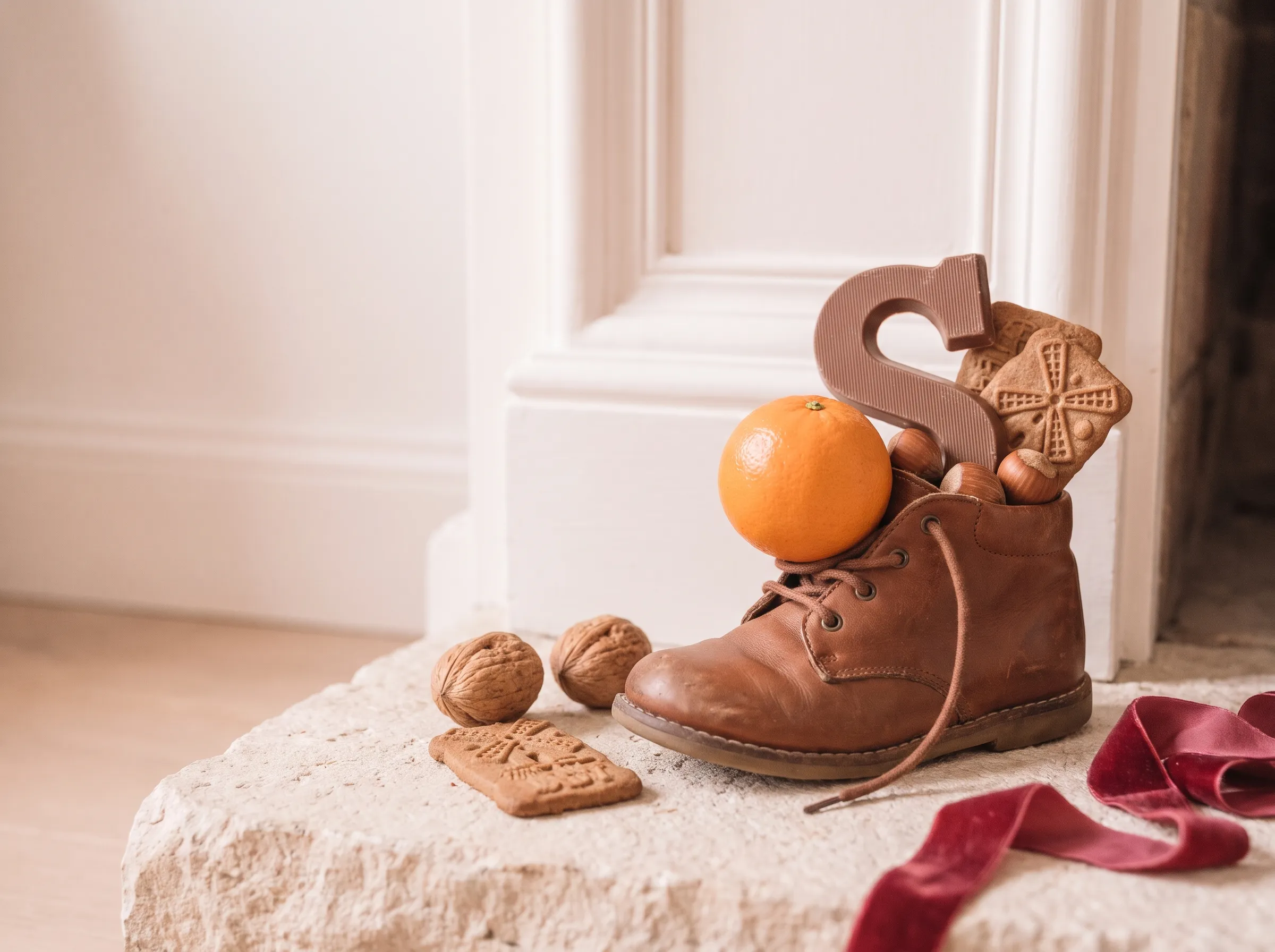 A child's leather shoe on a stone hearth by a white fireplace, filled with an orange, a chocolate letter S, speculaas cookies, and nuts