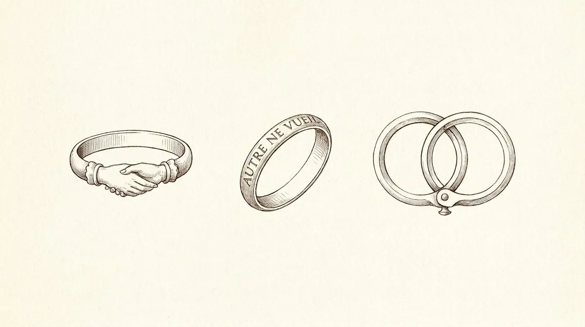 Line drawing of three rings: a fede ring with clasped hands, a posy band engraved AUTRE NE VUEIL, and a gimmel ring of two hoops joined by a pin