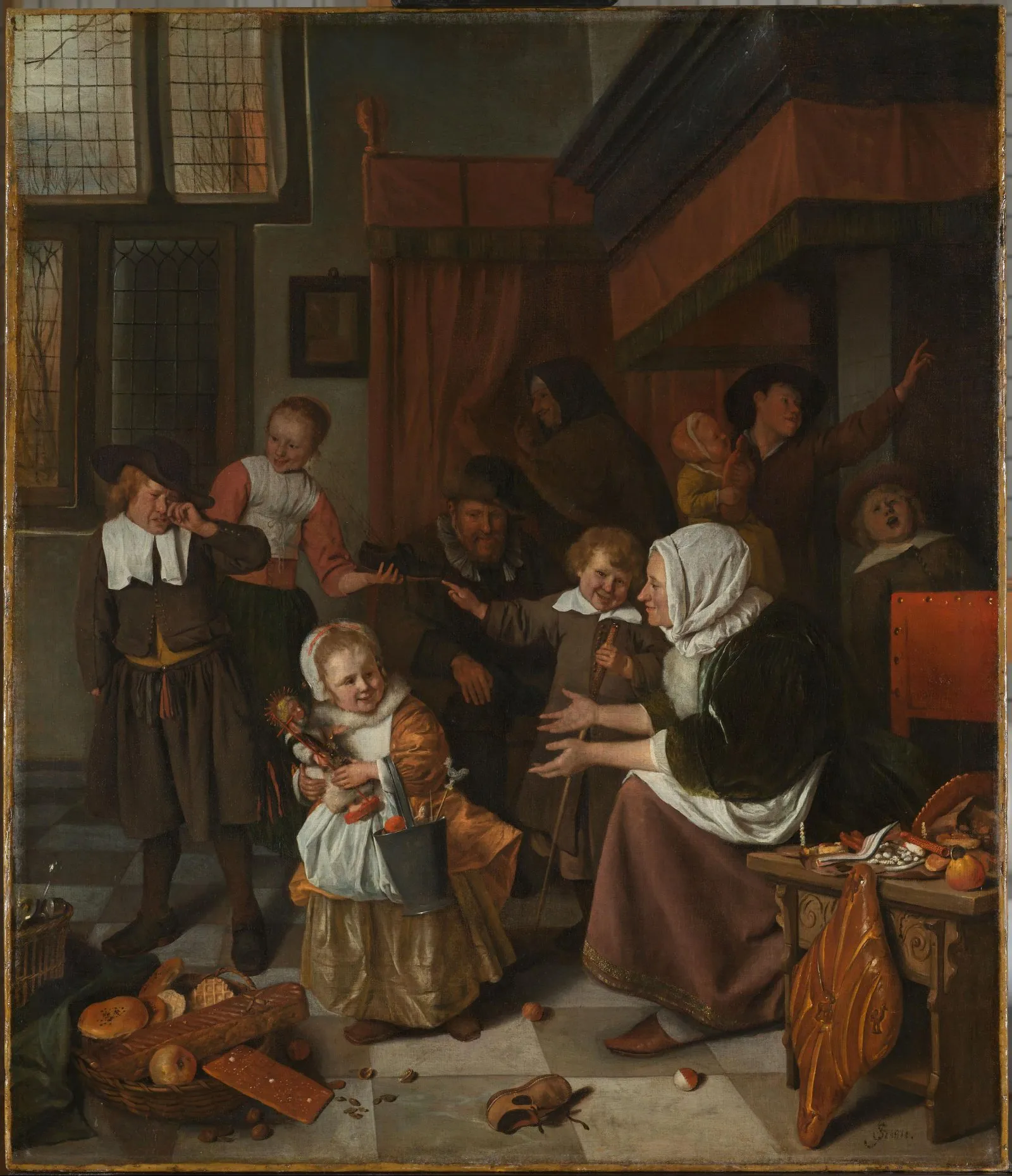 Jan Steen's painting of a family celebrating St. Nicholas: a smiling girl holds a doll and a bucket of sweets, a boy at the left cries, and a basket of cookies and breads sits on the floor