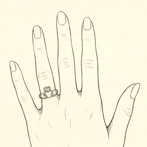 A left hand wearing a claddagh with the heart pointing toward your wrist